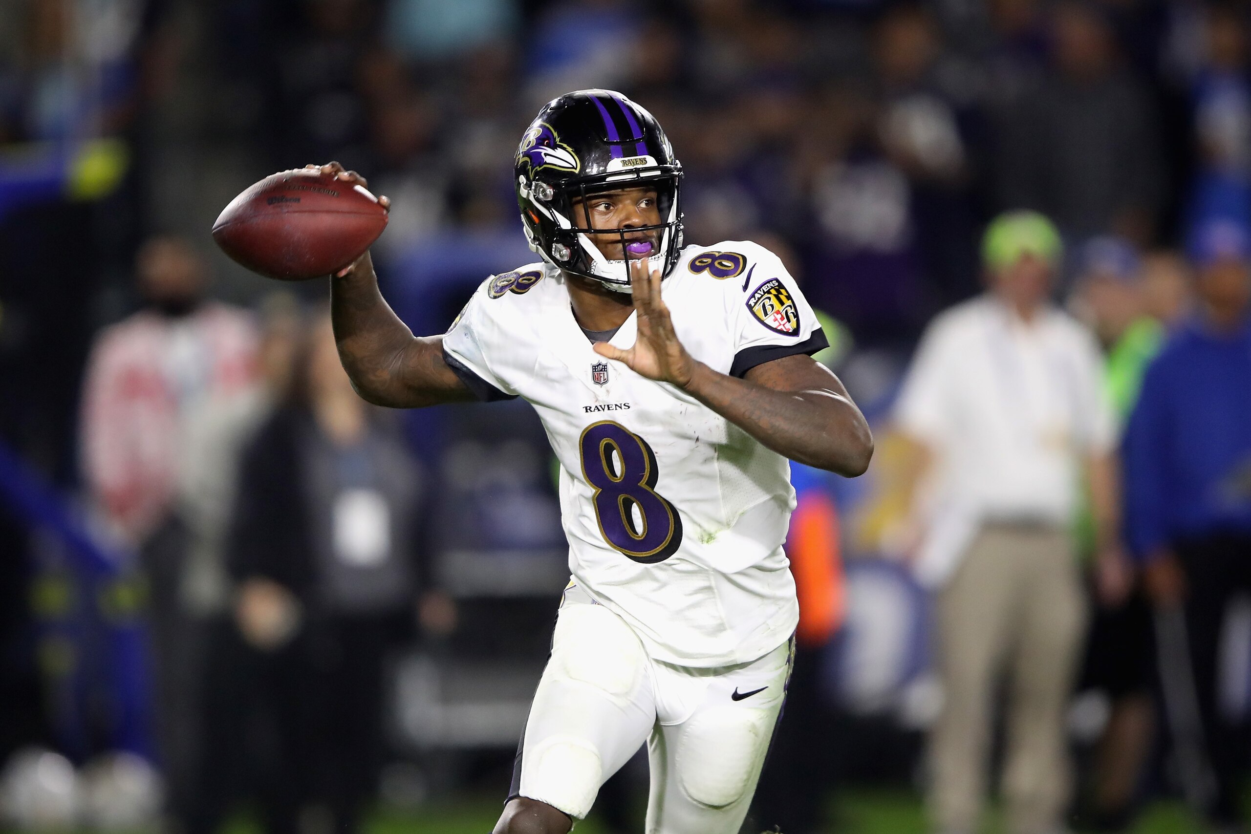 CARSON, CA - DECEMBER 22:  Lamar Jackson #8 of the Baltimore Ravens looks to pass during the second half of a game agains the Los Angeles Chargers at StubHub Center on December 22, 2018 in Carson, California.  (Photo by Sean M. Haffey/Getty Images)