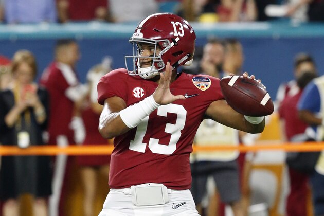 MIAMI GARDENS, FL - DECEMBER 29: Tua Tagovailoa #13 of the Alabama Crimson Tide throws the ball prior to the College Football Playoff Semifinal at the Capital One Orange Bowl against the Oklahoma Sooners at Hard Rock Stadium on December 29, 2018 in Miami Gardens, Florida. Alabama defeated Oklahoma 45-34. (Photo by Joel Auerbach/Getty Images)