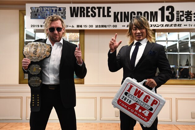TOKYO, JAPAN - OCTOBER 09: Kenny Omega and Hiroshi Tanahashi pose for photographs during a press conference of the Wrestle Kingdom 13 at Meiji Kinenkan on October 9, 2018 in Tokyo, Japan. (Photo by Etsuo Hara/Getty Images)