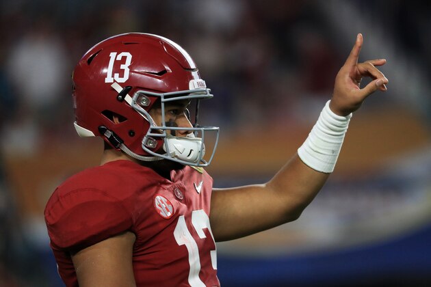 MIAMI, FL - DECEMBER 29: Tua Tagovailoa #13 of the Alabama Crimson Tide calls a play in the third quarter during the College Football Playoff Semifinal against the Oklahoma Sooners at the Capital One Orange Bowl at Hard Rock Stadium on December 29, 2018 in Miami, Florida. (Photo by Michael Reaves/Getty Images) MIAMI, FL - DECEMBER 29: Tua Tagovailoa #13 of the Alabama Crimson Tide calls a play in the third quarter during the College Football Playoff Semifinal against the Oklahoma Sooners at the Capital One Orange Bowl at Hard Rock Stadium on December 29, 2018 in Miami, Florida. (Photo by Michael Reaves/Getty Images)