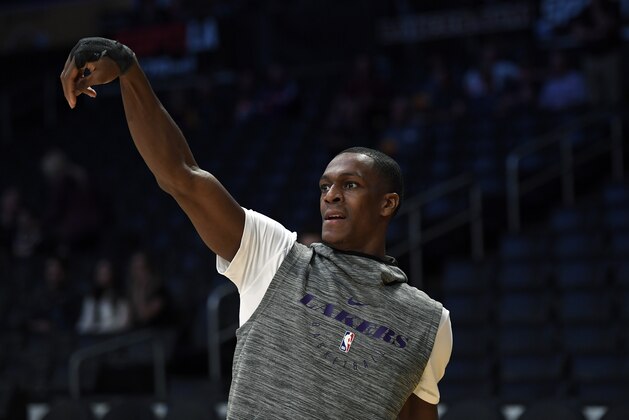 LOS ANGELES, CA - DECEMBER 02: Rajon Rondo #9 of the Los Angeles Lakers during warm up before the basketball game against Phoenix Suns at Staples Center on December 2, 2018 in Los Angeles, California. NOTE TO USER: User expressly acknowledges and agrees that, by downloading and or using this photograph, User is consenting to the terms and conditions of the Getty Images License Agreement. (Photo by Kevork Djansezian/Getty Images)