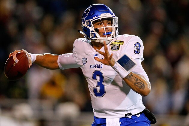 MOBILE, ALABAMA - DECEMBER 22: Tyree Jackson #3 of the Buffalo Bulls throws the ball during the first half of the Dollar General Bowl against the Troy Trojans on December 22, 2018 in Mobile, Alabama. (Photo by Jonathan Bachman/Getty Images)