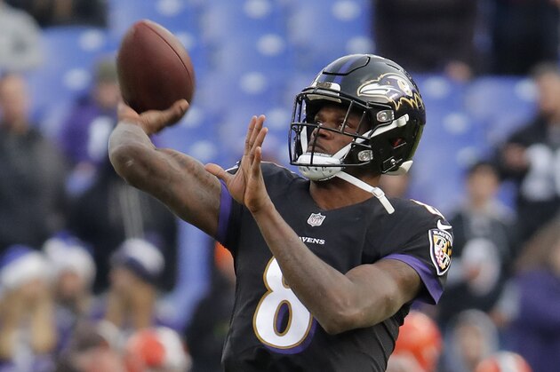 Baltimore Ravens quarterback Lamar Jackson warms up before an NFL football game against the Cleveland Browns, Sunday, Dec. 30, 2018, in Baltimore. (AP Photo/Carolyn Kaster)