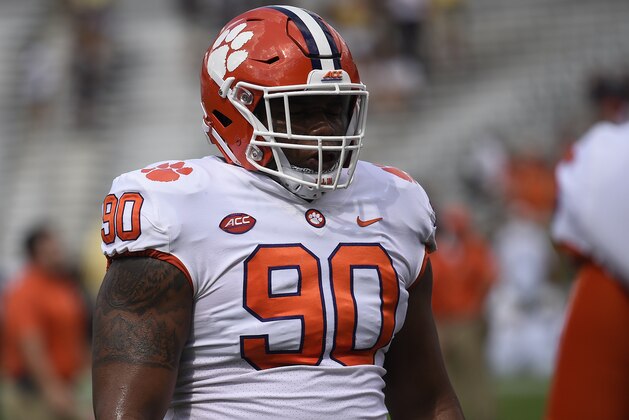Clemson defensive tackle Dexter Lawrence (90) warms up before the first half of an NCAA college football game between Georgia Tech and Clemson, Saturday, Sept. 22, 2018, in Atlanta. (AP Photo/Jon Barash)