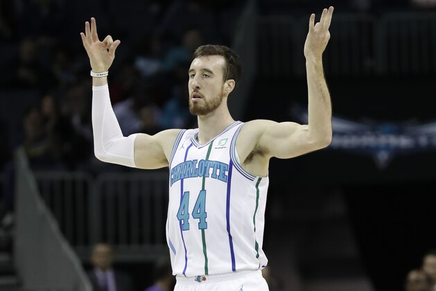 Charlotte Hornets' Frank Kaminsky (44) reacts after making a basket against the New York Knicks in the first half of an NBA basketball game in Charlotte, N.C., Friday, Dec. 14, 2018. (AP Photo/Chuck Burton)