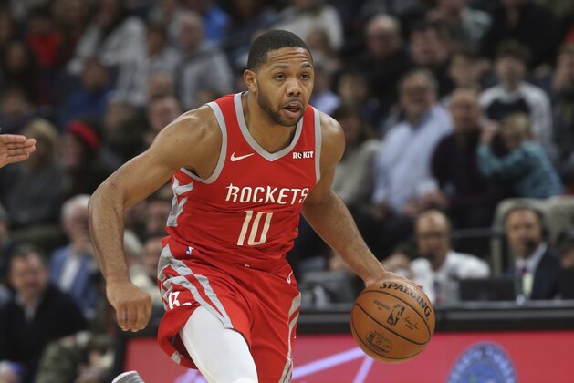Houston Rockets' Eric Gordon plays against the Minnesota Timberwolves in an NBA basketball game Monday, Dec. 3, 2018, in Minneapolis. (AP Photo/Jim Mone)