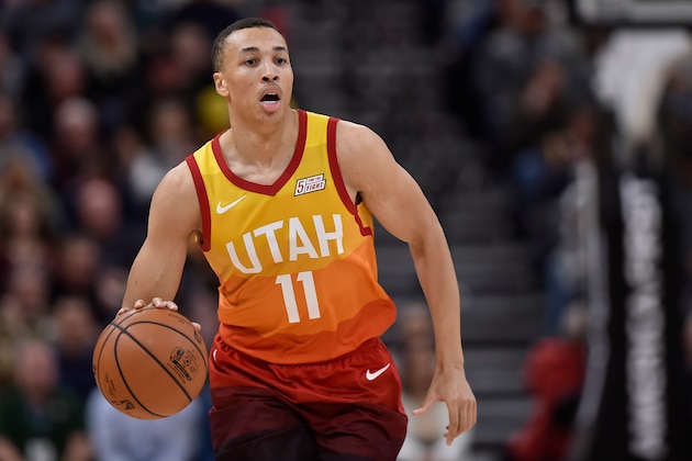 SALT LAKE CITY, UT - DECEMBER 19: Dante Exum #11 of the Utah Jazz brings the ball up court against the Golden State Warriors in a NBA game at Vivint Smart Home Arena on December 19, 2018 in Salt Lake City, Utah. NOTE TO USER: User expressly acknowledges and agrees that, by downloading and or using this photograph, User is consenting to the terms and conditions of the Getty Images License Agreement. (Photo by Gene Sweeney Jr./Getty Images)