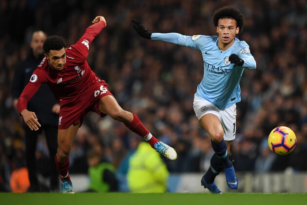 MANCHESTER, ENGLAND - JANUARY 03: Trent Alexander-Arnold of Liverpool battles for possession with Leroy Sane of Manchester City during the Premier League match between Manchester City and Liverpool FC at the Etihad Stadium on January 3, 2019 in Manchester, United Kingdom. (Photo by Shaun Botterill/Getty Images) MANCHESTER, ENGLAND - JANUARY 03: Trent Alexander-Arnold of Liverpool battles for possession with Leroy Sane of Manchester City during the Premier League match between Manchester City and Liverpool FC at the Etihad Stadium on January 3, 2019 in Manchester, United Kingdom. (Photo by Shaun Botterill/Getty Images)