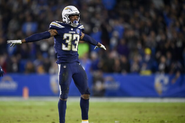 Los Angeles Chargers safety Derwin James reacts during the second half of an NFL football game against the Baltimore Ravens in Carson, Calif., Sunday, Dec. 23, 2018. (AP Photo/Kelvin Kuo)