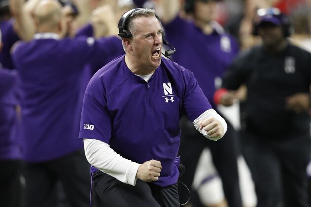 INDIANAPOLIS, INDIANA - DECEMBER 01: Head coach Pat Fitzgerald of the Northwestern Wildcats reacts after blocked field goal against the Ohio State Buckeyes in the fourth quarter at Lucas Oil Stadium on December 01, 2018 in Indianapolis, Indiana. (Photo by Joe Robbins/Getty Images)