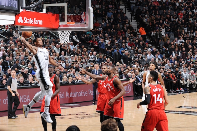 SAN ANTONIO, TX - JANUARY 3: DeMar DeRozan #10 of the San Antonio Spurs dunks the ball against the Toronto Raptors  on January 3, 2019 at the AT&T Center in San Antonio, Texas. NOTE TO USER: User expressly acknowledges and agrees that, by downloading and or using this photograph, user is consenting to the terms and conditions of the Getty Images License Agreement. Mandatory Copyright Notice: Copyright 2019 NBAE (Photos by Mark Sobhani/NBAE via Getty Images)