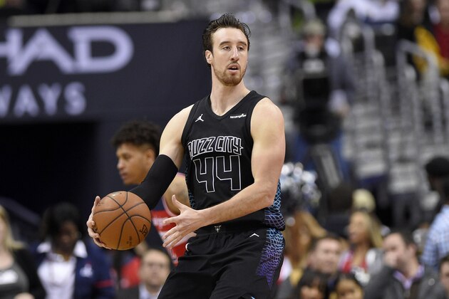 Charlotte Hornets forward Frank Kaminsky (44) handles the ball during the second half of an NBA basketball game against the Washington Wizards, Friday, Feb. 23, 2018, in Washington. The Hornets won 122-105. (AP Photo/Nick Wass)