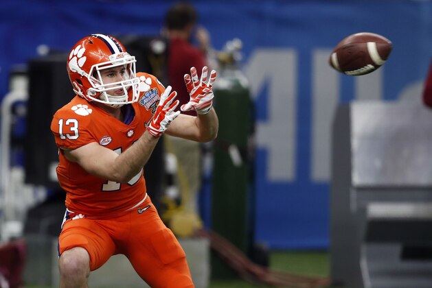 Clemson wide receiver Hunter Renfrow (13) warms up before the Sugar Bowl semi-final playoff game against Alabama for the NCAA college football national championship, in New Orleans, Monday, Jan. 1, 2018. (AP Photo/Gerald Herbert)