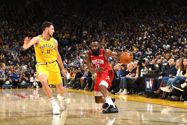 OAKLAND, CA - JANUARY 3:  James Harden #13 of the Houston Rockets handles the ball against the Golden State Warriors on January 3, 2019 at ORACLE Arena in Oakland, California. NOTE TO USER: User expressly acknowledges and agrees that, by downloading and or using this photograph, user is consenting to the terms and conditions of Getty Images License Agreement. Mandatory Copyright Notice: Copyright 2019 NBAE (Photo by Noah Graham/NBAE via Getty Images)