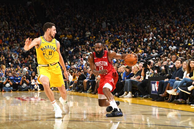 OAKLAND, CA - JANUARY 3: James Harden #13 of the Houston Rockets handles the ball against the Golden State Warriors on January 3, 2019 at ORACLE Arena in Oakland, California. NOTE TO USER: User expressly acknowledges and agrees that, by downloading and or using this photograph, user is consenting to the terms and conditions of Getty Images License Agreement. Mandatory Copyright Notice: Copyright 2019 NBAE (Photo by Noah Graham/NBAE via Getty Images) OAKLAND, CA - JANUARY 3: James Harden #13 of the Houston Rockets handles the ball against the Golden State Warriors on January 3, 2019 at ORACLE Arena in Oakland, California. NOTE TO USER: User expressly acknowledges and agrees that, by downloading and or using this photograph, user is consenting to the terms and conditions of Getty Images License Agreement. Mandatory Copyright Notice: Copyright 2019 NBAE (Photo by Noah Graham/NBAE via Getty Images)