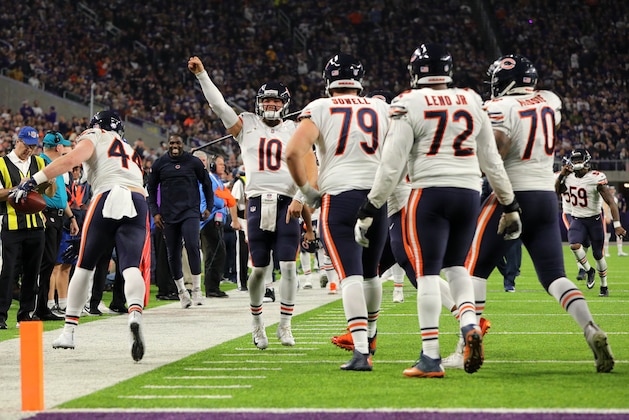 MINNEAPOLIS, MN - DECEMBER 30: Nick Kwiatkoski #44 of the Chicago Bears celebrates with Mitchell Trubisky #10 after catching the ball for a two point conversion in the fourth quarter of the game against the Minnesota Vikings at U.S. Bank Stadium on December 30, 2018 in Minneapolis, Minnesota. (Photo by Adam Bettcher/Getty Images)