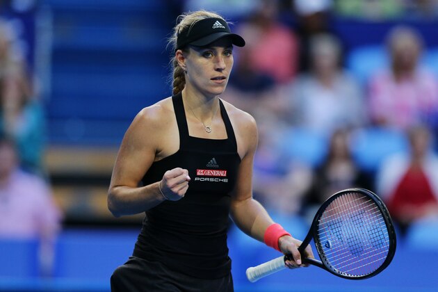 PERTH, AUSTRALIA - JANUARY 04:  Angelique Kerber of Germany celebrates winning a set in the women's singles match against 
 Ash Barty of Australia during day seven of the 2019 Hopman Cup at Perth Arena on January 04, 2019 in Perth, Australia. (Photo by Will Russell/Getty Images)