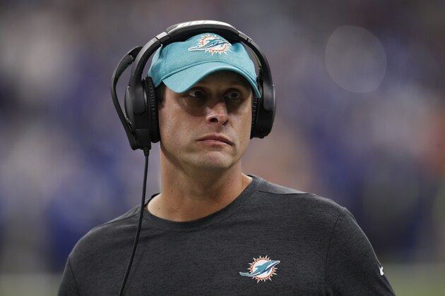 Miami Dolphins head coach Adam Gase watches his team play during an NFL football game against the Indianapolis Colts in Indianapolis, Sunday, Nov. 25, 2018. The Colts won the game 27-24. (Jeff Haynes/AP Images for Panini)