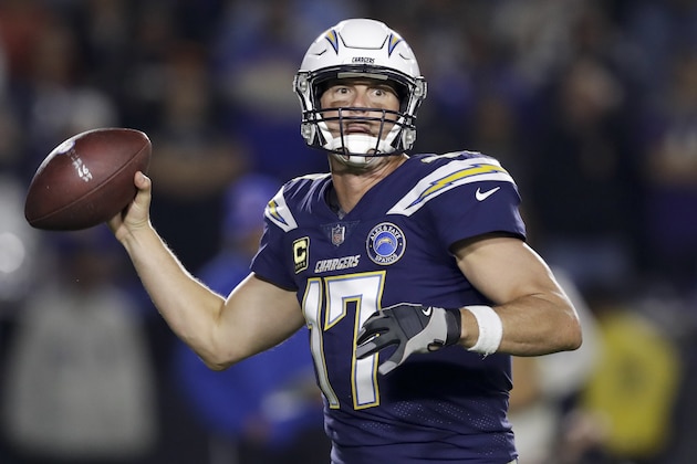 Los Angeles Chargers quarterback Philip Rivers passes against the Baltimore Ravens during the first half in an NFL football game Saturday, Dec. 22, 2018, in Carson, Calif. (AP Photo/Marcio Jose Sanchez)