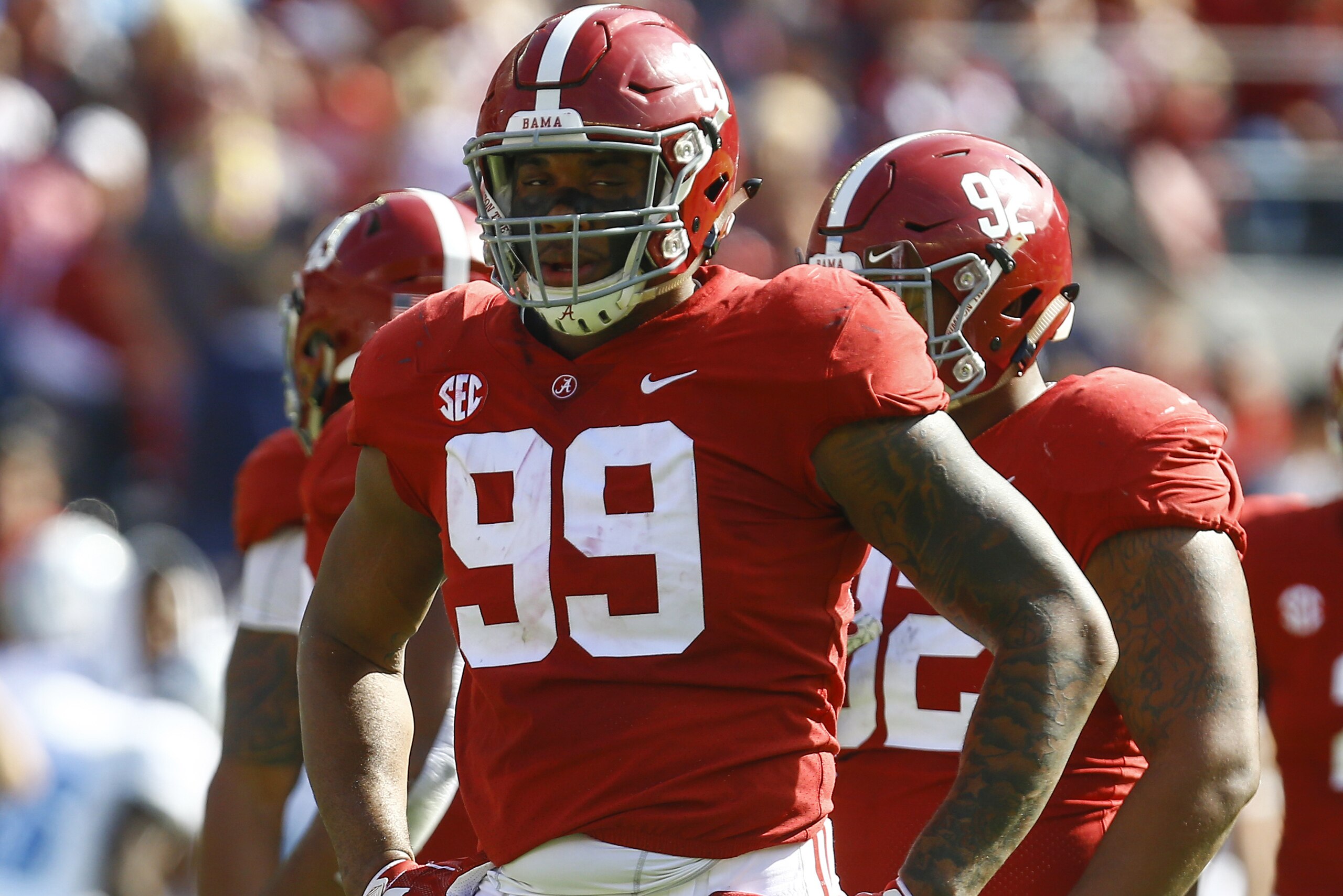 Alabama defensive lineman Raekwon Davis (99) gets ready for the play against Citadel during the first half of an NCAA college football game, Saturday, Nov. 17, 2018, in Tuscaloosa, Ala. (AP Photo/Butch Dill) Alabama defensive lineman Raekwon Davis (99) gets ready for the play against Citadel during the first half of an NCAA college football game, Saturday, Nov. 17, 2018, in Tuscaloosa, Ala. (AP Photo/Butch Dill)