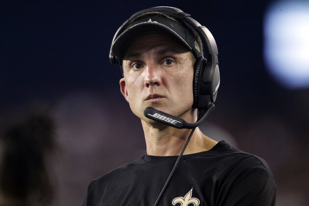 New Orleans Saints defensive coordinator Dennis Allen during the first half of a preseason NFL football game against the New England Patriots, Thursday, Aug. 11, 2016, in Foxborough, Mass. (AP Photo/Stew Milne)