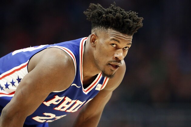LOS ANGELES, CA - JAN 01: Jimmy Butler (23) of the Philadelphia 76ers rests during a game on January 01, 2019 at the Staples Center in Los Angeles, California.