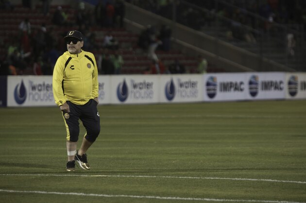 Soccer legend Diego Maradona, head coach of the second-tier Mexican soccer club Dorados of Sinaloa, arrives to the Benito Juarez Olympic stadium for a semifinal match against Juarez, in Juarez, Mexico, Saturday, Nov. 24, 2018. (AP Photo/Christian Torres)