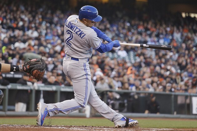 Toronto Blue Jays' Troy Tulowitzki hits a home run off San Francisco Giants starting pitcher Matt Cain during the second inning of a baseball game Tuesday, May 10, 2016, in San Francisco. (AP Photo/Eric Risberg)