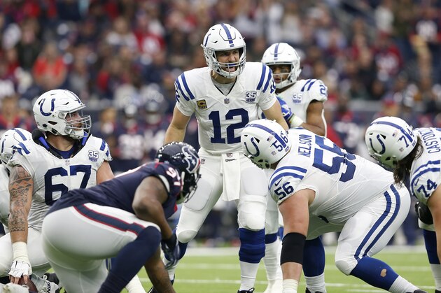 HOUSTON, TX - DECEMBER 09:  Andrew Luck #12 of the Indianapolis Colts calls a play at the line of scrimmage in the first half against the Houston Texans at NRG Stadium on December 9, 2018 in Houston, Texas.  (Photo by Tim Warner/Getty Images)