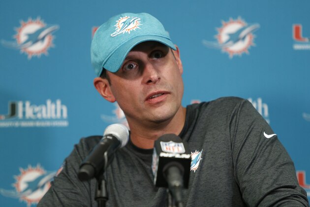 Miami Dolphins head coach Adam Gase speaks during a news conference after an NFL football game against the Minnesota Vikings, Sunday, Dec. 16, 2018, in Minneapolis. The Vikings won 41-17. (AP Photo/Bruce Kluckhohn)