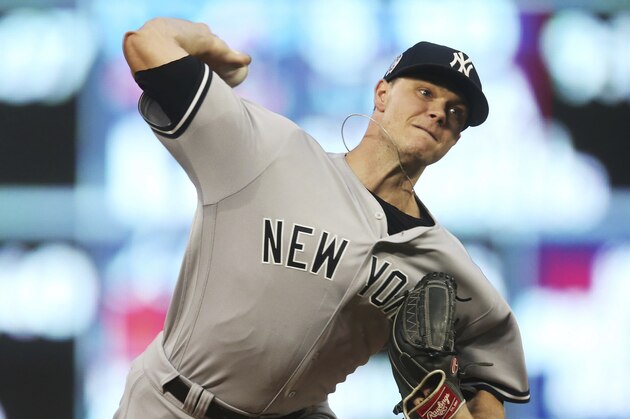 New York Yankees pitcher Sonny Gray throws against the Minnesota Twins in the first inning of a baseball game, Tuesday, Sept. 11, 2018, in Minneapolis. (AP Photo/Jim Mone)