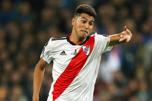 MADRID, SPAIN - DECEMBER 09:   Exequiel Palacios of River Plate in action during the final match of Copa CONMEBOL Libertadores 2018 between Boca Juniors and River Plate at Estadio Santiago Bernabeu on December 9, 2018 in Madrid, Spain. Due to the violent episodes of November 24th at River Plate stadium, CONMEBOL rescheduled the game and moved it out of Americas for the first time in history. (Photo by Matthew Ashton - AMA/Getty Images)