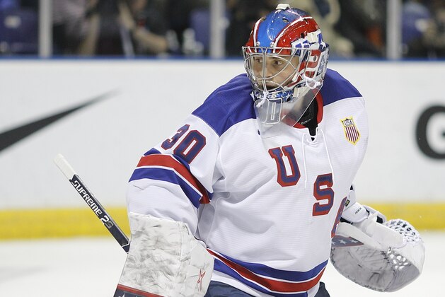 VICTORIA , BC - JANUARY 2:  Goaltender Cayden Primeau #30 of the United States makes a save during a quarter-final game versus the Czech Republic at the IIHF World Junior Championships at the Save-on-Foods Memorial Centre on January 2, 2019 in Victoria, British Columbia, Canada.  (Photo by Kevin Light/Getty Images)