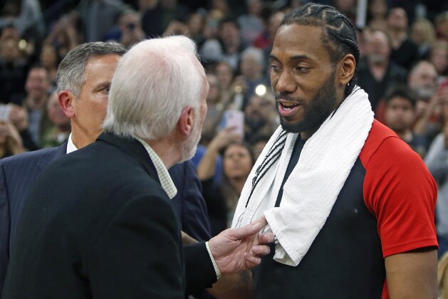 SAN ANTONIO, TX - JANUARY 3:  Kawhi Leonard #2 of the Toronto Raptors is greeted by  Gregg Popvich head coach of the San Antonio Spurs at AT&T Center on January 3, 2019 in San Antonio, Texas.  NOTE TO USER: User expressly acknowledges and agrees that , by downloading and or using this photograph, User is consenting to the terms and conditions of the Getty Images License Agreement. (Photo by Ronald Cortes/Getty Images)