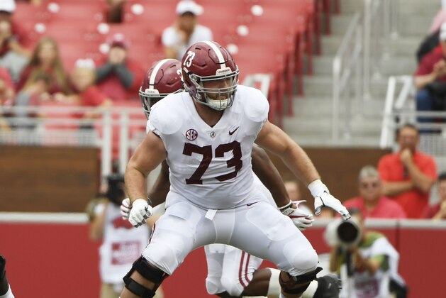 Alabama offensive lineman Jonah Williams sets up to block against Arkansas in the second half of an NCAA college football game Saturday, Oct. 6, 2018, in Fayetteville, Ark. (AP Photo/Michael Woods) Alabama offensive lineman Jonah Williams sets up to block against Arkansas in the second half of an NCAA college football game Saturday, Oct. 6, 2018, in Fayetteville, Ark. (AP Photo/Michael Woods)