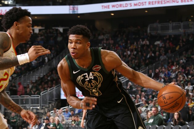 MILWAUKEE, WI - JANUARY 4: Giannis Antetokounmpo #34 of the Milwaukee Bucks handles the ball against the Atlanta Hawks on January 4, 2019 at the Fiserv Forum in Milwaukee, Wisconsin. NOTE TO USER: User expressly acknowledges and agrees that, by downloading and/or using this photograph, user is consenting to the terms and conditions of the Getty Images License Agreement. Mandatory Copyright Notice: Copyright 2019 NBAE (Photo by Gary Dineen/NBAE via Getty Images)