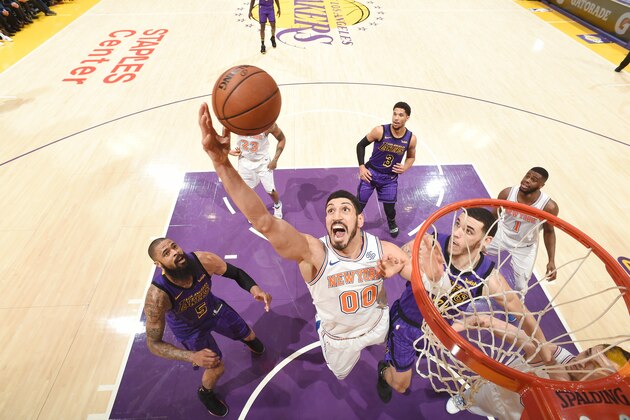 LOS ANGELES, CA - JANUARY 4:  Enes Kanter #00 of the New York Knicks shoots the ball against the Los Angeles Lakers on January 4, 2019 at STAPLES Center in Los Angeles, California. NOTE TO USER: User expressly acknowledges and agrees that, by downloading and/or using this Photograph, user is consenting to the terms and conditions of the Getty Images License Agreement. Mandatory Copyright Notice: Copyright 2019 NBAE (Photo by Andrew D. Bernstein/NBAE via Getty Images)