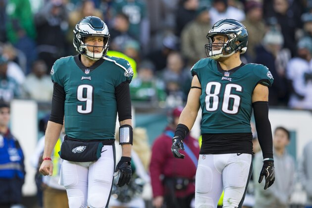 PHILADELPHIA, PA - DECEMBER 23: Nick Foles #9 and Zach Ertz #86 of the Philadelphia Eagles look on against the Houston Texans at Lincoln Financial Field on December 23, 2018 in Philadelphia, Pennsylvania. The Eagles defeated the Texans 32-30. (Photo by Mitchell Leff/Getty Images)