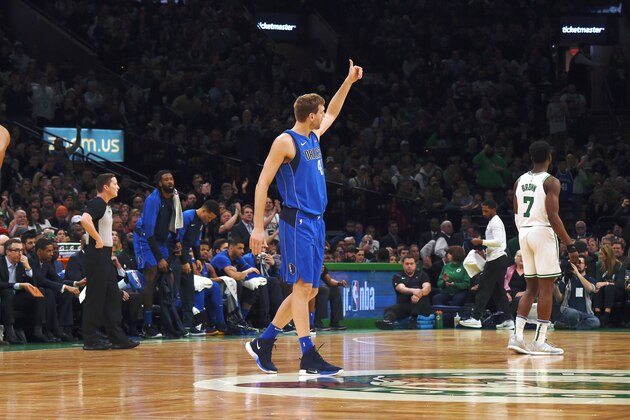 BOSTON, MA - JANUARY 4: Dirk Nowitzki #41 of the Dallas Mavericks acknowledges the crowd during the game against the Boston Celtics on January 4, 2019 at the TD Garden in Boston, Massachusetts. NOTE TO USER: User expressly acknowledges and agrees that, by downloading and/or using this photograph, user is consenting to the terms and conditions of the Getty Images License Agreement. Mandatory Copyright Notice: Copyright 2019 NBAE (Photo by Brian Babineau/NBAE via Getty Images)