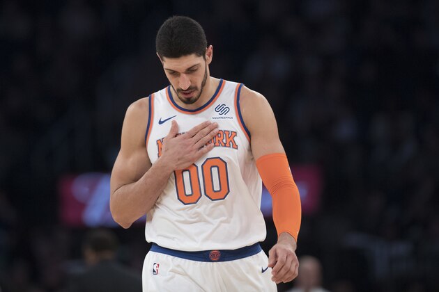 New York Knicks center Enes Kanter reacts during the first half of an NBA basketball game against the Brooklyn Nets, Saturday, Dec. 8, 2018, at Madison Square Garden in New York. (AP Photo/Mary Altaffer)
