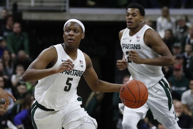 Michigan State guard Cassius Winston controls the all during the second half of an NCAA college basketball game against Northern Illinois, Saturday, Dec. 29, 2018, in East Lansing, Mich. (AP Photo/Carlos Osorio)
