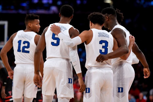NEW YORK, NY - DECEMBER 20: Javin DeLaurier #12, RJ Barrett #5, Tre Jones #3 and Zion Williamson #1 huddle in the first half against the Texas Tech Red Raiders at Madison Square Garden on December 20, 2018 in New York City. (Photo by Lance King/Getty Images) NEW YORK, NY - DECEMBER 20: Javin DeLaurier #12, RJ Barrett #5, Tre Jones #3 and Zion Williamson #1 huddle in the first half against the Texas Tech Red Raiders at Madison Square Garden on December 20, 2018 in New York City. (Photo by Lance King/Getty Images)