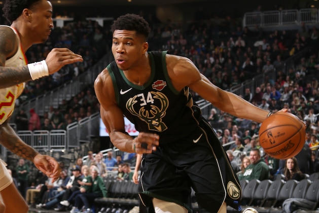 MILWAUKEE, WI - JANUARY 4: Giannis Antetokounmpo #34 of the Milwaukee Bucks handles the ball against the Atlanta Hawks on January 4, 2019 at the Fiserv Forum in Milwaukee, Wisconsin. NOTE TO USER: User expressly acknowledges and agrees that, by downloading and/or using this photograph, user is consenting to the terms and conditions of the Getty Images License Agreement. Mandatory Copyright Notice: Copyright 2019 NBAE (Photo by Gary Dineen/NBAE via Getty Images)