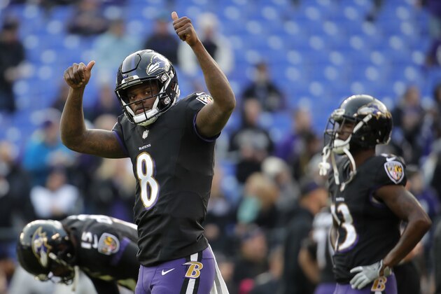 Baltimore Ravens quarterback Lamar Jackson gestures to fans before an NFL football game against the Cleveland Browns, Sunday, Dec. 30, 2018, in Baltimore. (AP Photo/Carolyn Kaster)
