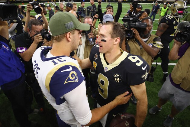 NEW ORLEANS, LA - NOVEMBER 04:  Quarterback Jared Goff #16 of the Los Angeles Rams (L) greets quarterback Drew Brees #9 of the New Orleans Saints after the Saints defeated the Ram 45-35 in the game at Mercedes-Benz Superdome on November 4, 2018 in New Orleans, Louisiana.  (Photo by Gregory Shamus/Getty Images)
