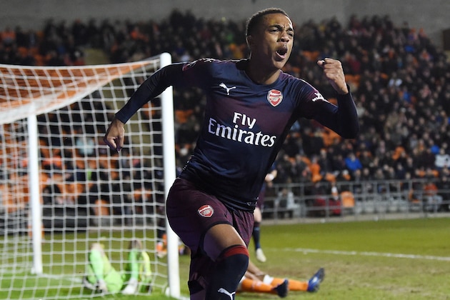 Arsenal's English midfielder Joe Willock celebrates scoring his and Arsenal's second goal during the English FA Cup third round football match between Blackpool and Arsenal at Bloomfield Road in Blackpool, north west England on January 5, 2019. (Photo by Paul ELLIS / AFP) / RESTRICTED TO EDITORIAL USE. No use with unauthorized audio, video, data, fixture lists, club/league logos or 'live' services. Online in-match use limited to 120 images. An additional 40 images may be used in extra time. No video emulation. Social media in-match use limited to 120 images. An additional 40 images may be used in extra time. No use in betting publications, games or single club/league/player publications. / (Photo credit should read PAUL ELLIS/AFP/Getty Images) Arsenal's English midfielder Joe Willock celebrates scoring his and Arsenal's second goal during the English FA Cup third round football match between Blackpool and Arsenal at Bloomfield Road in Blackpool, north west England on January 5, 2019. (Photo by Paul ELLIS / AFP) / RESTRICTED TO EDITORIAL USE. No use with unauthorized audio, video, data, fixture lists, club/league logos or 'live' services. Online in-match use limited to 120 images. An additional 40 images may be used in extra time. No video emulation. Social media in-match use limited to 120 images. An additional 40 images may be used in extra time. No use in betting publications, games or single club/league/player publications. / (Photo credit should read PAUL ELLIS/AFP/Getty Images)