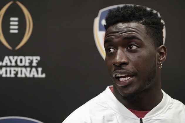 Alabama linebacker Dylan Moses speaks during an NCAA college football news conference on Wednesday, Dec. 26, 2018, in Fort Lauderdale, Fla. Alabama plays Oklahoma in the Orange Bowl semifinal football game on Dec. 29. (AP Photo/Brynn Anderson)