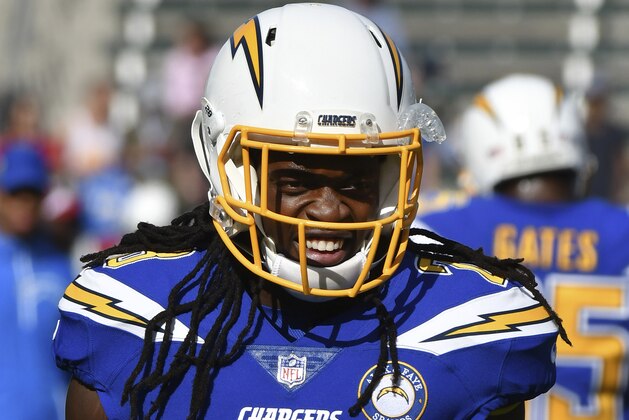Los Angeles Chargers running back Melvin Gordon III (28) on the field during warm-ups before an NFL football game against the Arizona Cardinals, Sunday November 25, 2018 in Carson, Calif. (John Cordes/AP Images for Panini)