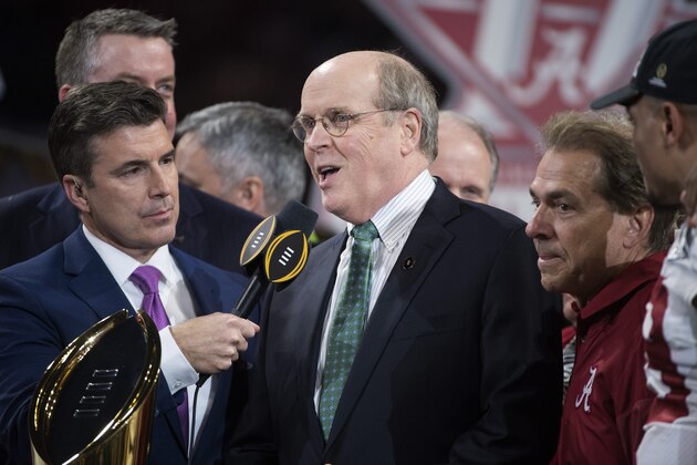 ATLANTA, GA - JANUARY 08: College Football Playoff Executive Director Bill Hancock speaks during the College Football Playoff National Championship held at Mercedes-Benz Stadium on January 8, 2018 in Atlanta, Georgia. Alabama defeated Georgia 26-23 for the national title. (Photo by Jamie Schwaberow/Getty Images)
