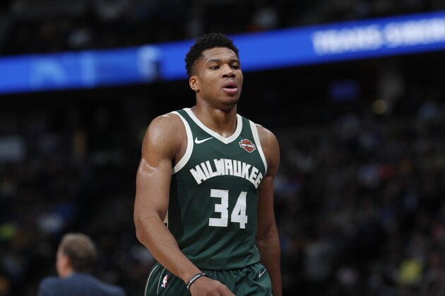 Milwaukee Bucks forward Giannis Antetokounmpo (34) in the second half of an NBA basketball game Sunday, Nov. 11, 2018, in Denver. Milwaukee won 121-114. (AP Photo/David Zalubowski) Milwaukee Bucks forward Giannis Antetokounmpo (34) in the second half of an NBA basketball game Sunday, Nov. 11, 2018, in Denver. Milwaukee won 121-114. (AP Photo/David Zalubowski)